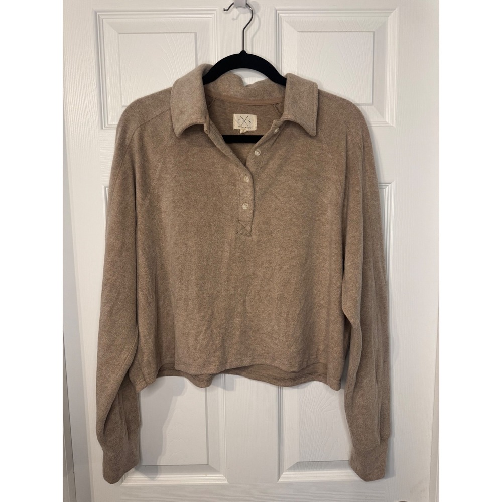 Thread & Supply Clove Heather Cropped Polo Sweatshirt Brown Medium Womens